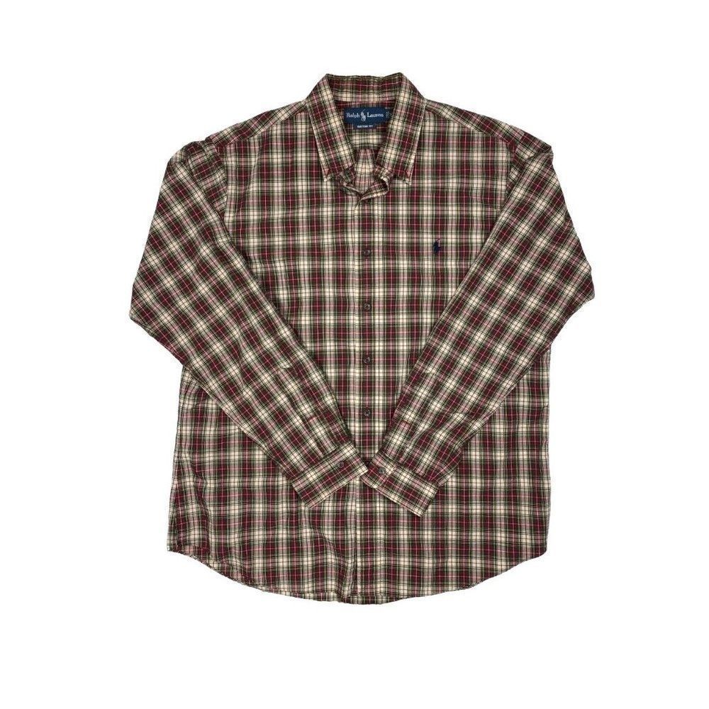Polo Ralph Lauren Cream Burgandy Custom Fit Plaid Button Down Men's XL